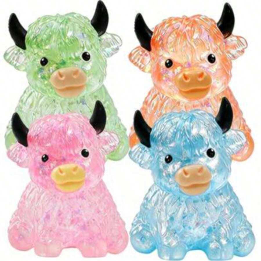 1/2/4pcs Glitter Crystal Highland Cow Squishy Finger Toy, Soft Slow Rebound Stress Ball, Cute Sensory Squeeze Toy For Kids And Adults, Anxiety Relief Desk Decor, Party Favor, Classroom Prize, Gift Bag Filler, Random Color - Multicolor - View 1