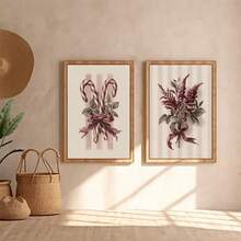 Set Of 2 Vintage Candy Cane Holly Canvas Wall Art | Burgundy Botanical Christmas Print For Farmhouse Living Room Frameless - A - View 1