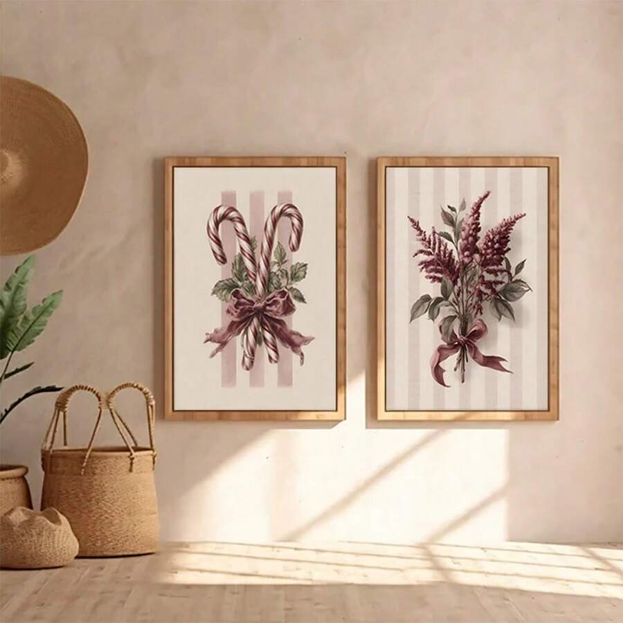 Set Of 2 Vintage Candy Cane Holly Canvas Wall Art | Burgundy Botanical Christmas Print For Farmhouse Living Room Frameless - A - View 1