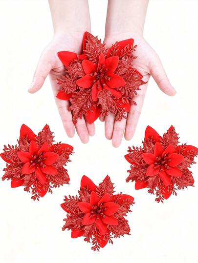 12pcs Glitter Poinsettia 5.5" Poinsettia Christmas Decorations Flowers, Artificial Red Gold Poinsettia Christmas Tree Ornaments Glittery For Xmas New Year Wedding Party Wreath DIY Garland Decor (Red)