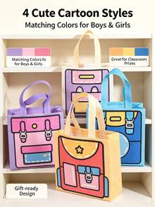 12/6/1pc Cartoon Backpack Print Tote Gift Bag, Fun Hand-Drawn Cartoon Printed Pattern, Pink Purple Blue Yellow Bright Color Palette, Fabric Tote Handle, Can Hold Books Water Bottles Lunch, School Tutoring Storage, Lunch Box Bag, Daily Outing Tote Storage Function, After-School Tutoring, Commuting, Outdoor Short Trips, Lunch Storage Scenarios Applicable - Multiple Styles - View 3
