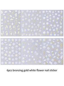 6入白色花朵與金葉3D箔面美甲貼紙，夏季花卉花瓣葉片金邊美甲貼花，自黏式美甲藝術裝飾美甲滑片，美甲配件沙龍裝飾DIY用品 - 彩色 - 查看 10