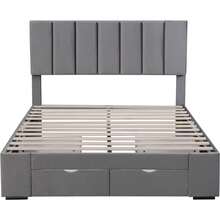 Bed Frame 140 X 200 Cm Velvet, With Spring Mattress, Headboard, 4 Drawers, Grey - 灰色 - 查看 10