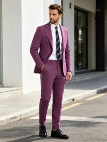 Men's Slim Fit Single-Breasted Solid Color TR Fabric Suit Jacket, Elegant Formal Blazer, Suitable For Office, Business, Wedding And Party - Purple - View 4