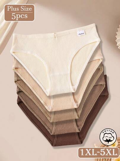 5pcs Plus Size Women's Pure Cotton Underwear Set: Comfortable Breathable Ribbed Underwear, Ribbed Texture, Soft Fabric, Lightweight Design