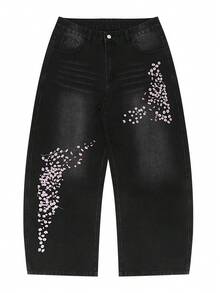 New Men's Black Wide Leg Loose Fit Denim Jeans With Floral Embroidery Street Style Casual Long Pants All Season - Black - View 6