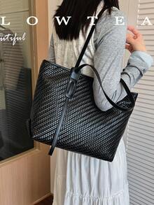 Low Tea 1 pezzo Borsa a spalla in tessuto PU tinta unita, borsa tote casual da donna con grande capacità, motivo all-over, design con doppia maniglia, chiusura con cerniera, adatta per viaggi, shopping, appuntamenti, regalo per donne, adatta per ragazze adolescenti, studentesse universitarie, principianti e impiegati, perfetta per ufficio, campus, lavoro, affari, pendolarismo, attività all'aperto, viaggi, uscite - nero - Visualizzare 5