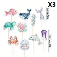 10 ou 30 décorations de cupcakes en forme d'animaux marins, comprenant tortue de mer, requin, hippocampe, queue de sirène, dauphin, coquillage, crabe, méduse, corail et autres thèmes sous-marins pour fête de baptême, fête d'anniversaire, fête de révélation de genre, décorations de gâteau - Multicolore - Voir 10
