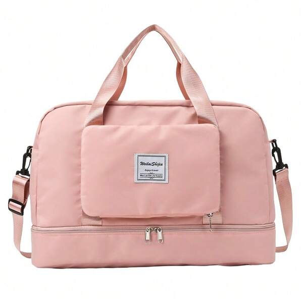Geantă pliabilă Flippy pentru călătorii, de mână, cu buzunare multiple, impermeabilă, din material textil, capacitate 8 kg, dimensiune desfăcută 42x28x10 cm, roz