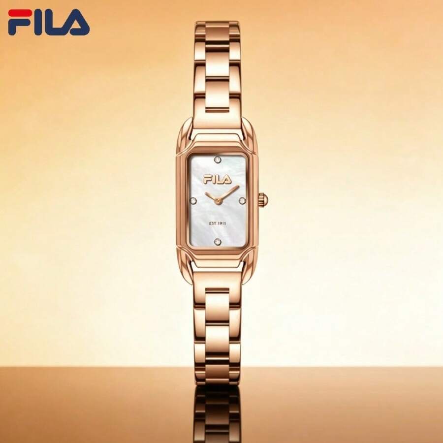 FILA 38-6953 Women Rectangle Quartz Watch, Green Dial Rhinestone Markers Rose Gold Steel Band, 7.5mm Thin Case Butterfly Buckle 3ATM Waterproof Elegan - one-size - View 1
