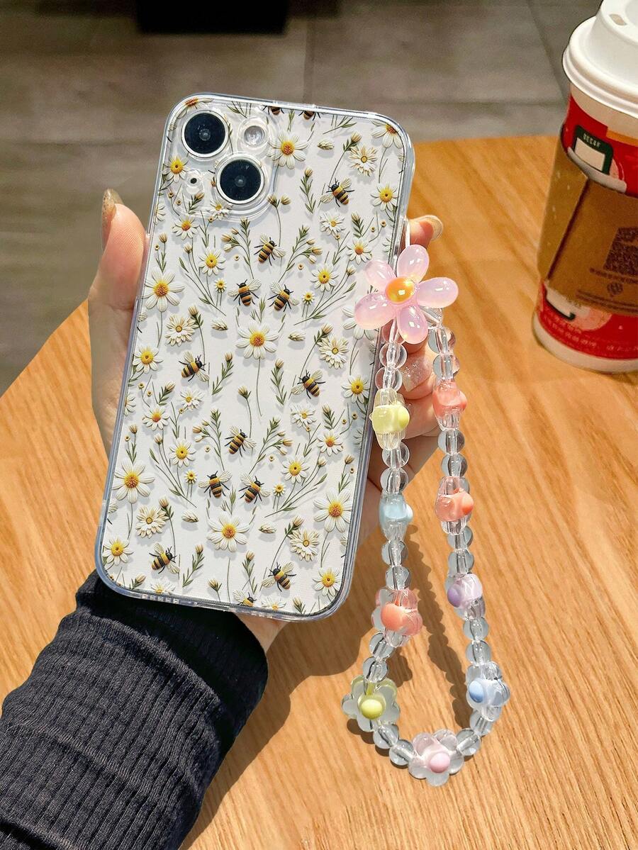 1 pieza Funda de teléfono con pulsera de flores, transparente con abeja pintada, a prueba de caídas, P14promax 3D, P13 dibujos animados, P11 pintada, P12 a prueba de caídas, XR dibujos animados, 78GES2, compatible con iPhone P15 Series, XS, S24, A03s, A03core, A04, A12, A13, A14, A21s, A22, A23, A24, A32, A33a34, A5, A51A52, A53, A54, A71, A72, A73, S20fe, S21, S22 Plus, Series 9, 9a, 10a, 10c, Note 9, Note 10, Note 11, Note 12, 12, 12c - Multicolor - Ver 1