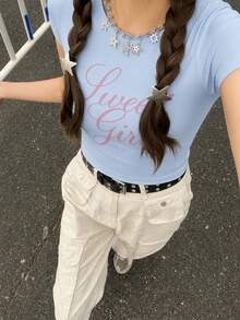 Y2K Retro Short Sleeve Slim Fit Flattering Flag Print Cropped Top For Women - Baby Blue - View 2