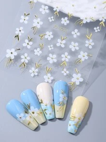 6入白色花朵與金葉3D箔面美甲貼紙，夏季花卉花瓣葉片金邊美甲貼花，自黏式美甲藝術裝飾美甲滑片，美甲配件沙龍裝飾DIY用品 - 彩色 - 查看 9