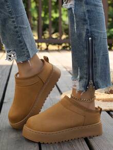 Dicke Sohle Schneestiefel Winter Leder Fellfutter Fleece Verdickt Warm Lässig Mode Pendeln Vielseitig Winterschuhe Schneestiefel Hauskleidung - Kamelfarben - Übersicht 3