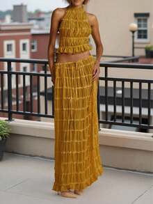 Women's Chiffon Multi-Layer Ruffled Lace Trim Camisole Backless Set, Romantic Elegant 2-Piece Set. Summer Yellow - Yellow - View 5