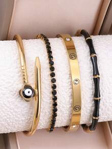 4pcs/1pc Stackable Gold Tone Bracelet Set, Evil Eye Open Bangle, Tennis Chain, Spiral Pattern Stainless Steel Bangle Bamboo Bead Br - Yellow Gold - View 8