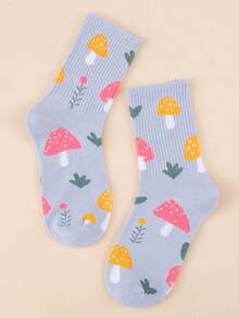 1/2/3/4/5/6 Pairs Women's Mushroom Print Mid-Calf Socks Suitable For Daily Wear - Multicolor - View 3