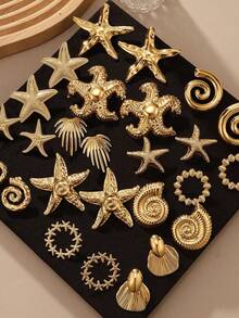5 pares de pendientes con diseño de concha de caracol dorada & estrella de mar, conjunto de pendientes de concha, estilo aleatorio, sin caja - Amarillo Oro - Ver 5