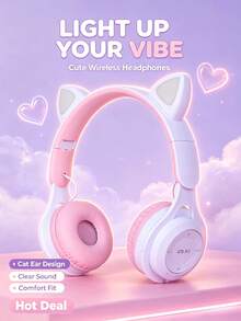 Gerripuer 新款貓耳式耳罩式無線耳機，漸層色可愛女孩情人節新年聖誕禮物，附卡槽，可折疊迷你馬卡龍節日禮物無線耳機 - 查看 10