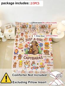 2/3 Peças Conjunto de Lençol de Cama com Estampa Fofa de Capivara, Roupa de Cama com Estampa de Animal Fofo, Bolso Profundo de 30cm para Crianças, Adolescentes, Adultos, Meninos e Meninas, Quarto - Multicolorido - Visão 6