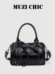 Minimalist Glossy Boston Handbag, Full Metal Rivet Decorated Front Zipper Pocket, Detachable Wide Strap Portable Bowling Crossbody Industrial Detail - Black - View 6