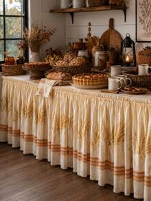 1pc Farmhouse Style Autumn Table Skirt, Gold Wheat Ear Striped Vintage Print Pleated Tablecloth, Hook And Loop Anti-Wrinkle Washable, Suitable For Thanksgiving Harvest Party, Autumn Wedding Buffet, Catering Event Table Decoration - Multicolor - View 5