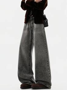 Hearty Haven 1 potong Celana Jeans Denim Pria Model Longgar Gaya Vintage Retro Washed Wide Leg Serbaguna (Tanpa Sabuk dan Aksesoris) - Grey - View 5