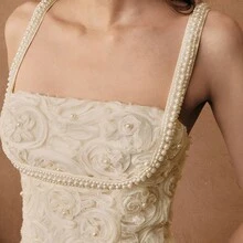 Anewsta Savoree Damen Frühlings-/Sommer Valentinstag elegantes Party- und Hochzeitsgastkleid, Beige/Aprikose elegantes romantisches Kleid aus strukturiertem Stoff mit 3D-Blumen- und Perlendekor, tailliertes Kleid mit Spaghettiträgern, Hochzeitsgastkleid, Feenkleid, Korsett, Off-Shoulder - Aprikosenfarben - Übersicht 8