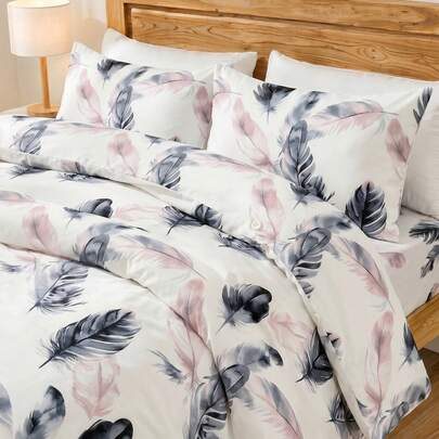 2/3Pcs Watercolor Feather Pattern Bedding Set, Soft Breatha…