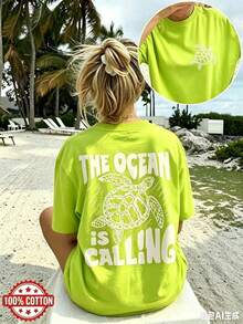 Double-Sided Print Women's Vintage Loose Tee, Turtle & Waves Graphic "The Ocean Is Calling" Text, Drop Shoulder Oversized 100% Cotton Best Seller - 螢光綠 - 查看 16