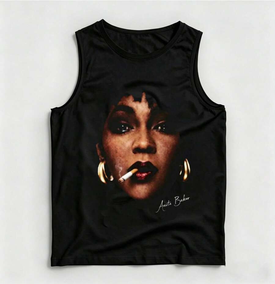 Vintage Anita Baker Big Head T-Shirt Unisex Retro R&B Graphic Tank Top Must-Have For 80s Music Fans Soft Comfy Top Perfect For Concerts Hangouts - 黑色4 - 查看 1