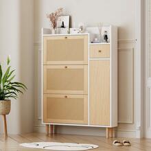Estantería para zapatos de mimbre - Ideal para espacios reducidos - 3 puertas abatibles y 1 cajón - - Natural y blanco - Ver 2
