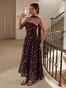 Women's Brown Polka Dot Print Sleeveless Dress With Neck Bow, Sweet And Elegant Summer Vacation - Brown - View 12