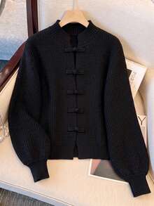 Women's Elegant Black Knit Cardigan With Chinese Knot Buttons, Long Sleeve Regular Length Top, Suitable For Autumn/Winter - Black - View 2