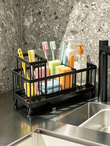1pc 28*14*18cm Sponge Drain Rack, Rust-Proof Iron Material, Modern Minimalist Black Rectangular Countertop Storage Rack, With Detachable Drip Tray, For Storing Sponges, Pot Brushes And Dish Soap, Suitable For Kitchen Sink Daily Home Use - M - View 3