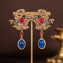 A Pair Of Court-Style Long Phoenix Earrings With Gradient Colored Gems And Wing Design, Perfect As A Holiday Accessory And A Gift For Women - Blue - View 6