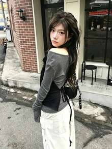 Korean Niche Design Halter Neck Tank Top & Halterneck Long Sleeve T-Shirt 2-Piece Set, Layered Slim Fit For Women Elegant - Dark Grey - View 3