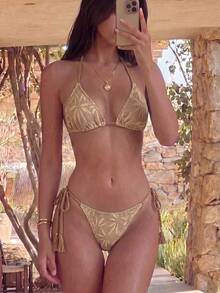 Bikinx 女士波西米亚风树叶印花网纱露背钩编系带棕色比基尼套装，高弹力侧系带泳装，适合度假海滩夏季穿着 - 棕色 - 查看 9
