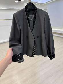 Women's Fashion Shawl Collar Black Polka Dot Contrast Color Blazer, Long Sleeve Polyester Regular Fit Coat, Autumn Fashion Choice - Grey - View 6