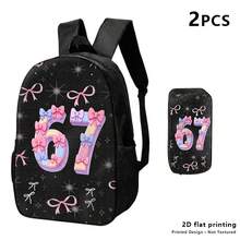 Bedrucktes Design - ohne Textur, 3-teiliges Set: schwarzer Rucksack, Umhängetasche und kleine Tasche, mit rosa Schleife und 2D-Druck "67", Sternenhimmel-Hintergrund; süßes und charmantes Design, geeignet für ju - 3 Stück - Übersicht 3