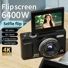 True 4K 數位相機 64MP 插值 13MP 實際像素,180° 可翻轉螢幕,16倍數位變焦 防震 Vlog 相機,附補光燈、人臉偵測與美顏功能 - 1200mAh 電池 - 查看 3