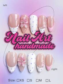 10pcs Handmade Almond Shaped Fake Nails, Y2K Style Press-On Nails, White & Purple Polka Dot French Tip, 3D Embossed White & Pink Flower Decor With Pearl Accessories, Minimalist Elegant For Party, Prom, Daily Wear, Comes With Tool Kit, Perfect Gift For Women And Girls - Multicolor - View 1