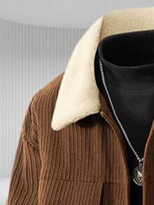 Coffee Vertical Striped Workwear Jacket, Relaxed Minimalist Style, Fur Collar Double Pocket Jacket, Loose Outerwear For Daily Outings For Men And Women - Coffee Brown - View 6