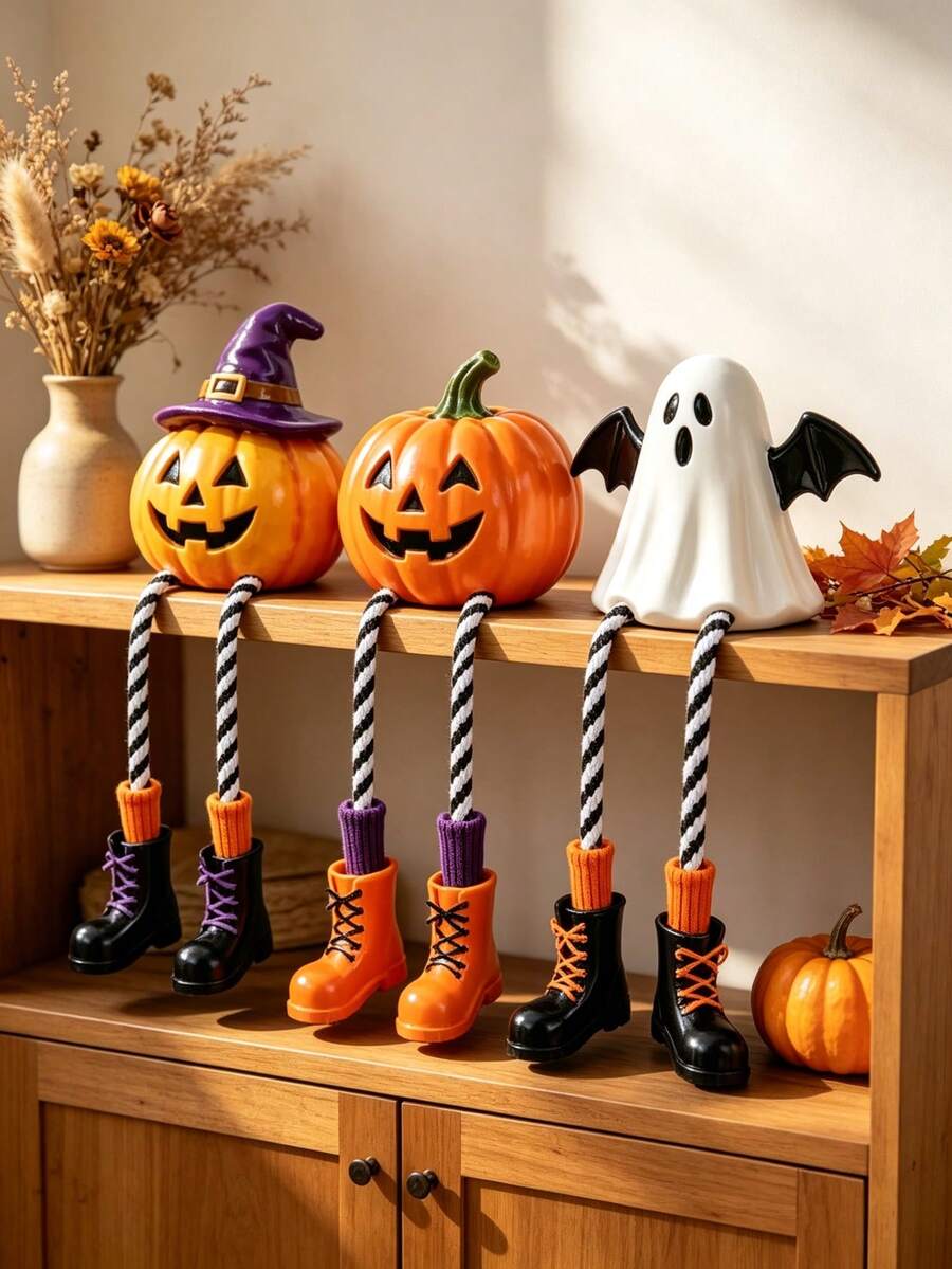 1/3 Halloween Hanging Leg Shelf Sitting Decor, Resin Witch Hat Pumpkin Ghost Bat Hanging Ornament With Hanging Rope Legs, Pumpkin Lantern Statue, Autumn Horror Table Decor, Indoor/Outdoor Halloween Party Home Desktop Decoration, Novel Halloween Gift Suitable For Friends Or Family - Hanging Leg Shelf Ornament - View 1