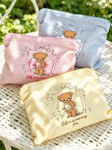 Bolsa de Maquiagem Portátil, Estampa de Laço de Urso, Bolsa de Maquiagem de Tecido Waffle, Bolsa de Armazenamento de Maquiagem de Viagem com Estampa Fofa, Bolsa de Armazenamento de Lona Xadrez Simples, Bolsa de Armazenamento de Cosméticos, Bolsa de Armazenamento de Tecido Multifuncional, Estojo de Lápis de Papelaria Feminino, Adequado para Deslocamento, Viagem, Presente e Uso Diário, Presente Único para o Dia do Professor, Presente de Volta às Aulas, Presente de Aniversário, Presente para Professor, Presente de Festa - Multicolorido - Visão 1