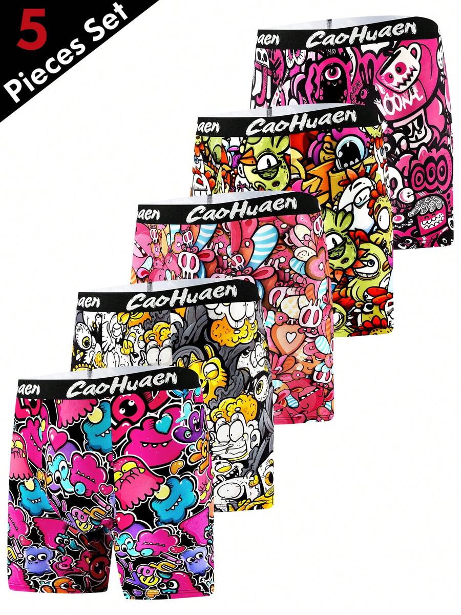 5pcs/Pack New Popular Graffiti Print Men's Long Leg Boxer Briefs, Thin & Breathable - Black - View 1