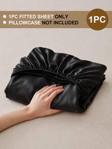 1pc Solid Color Satin Fitted Sheet, Silky Soft Skin-Friendly Breathable Bedding, Elastic Deep Pocket Fitted Sheet, Machine Washable Easy Care, Suitable For Twin/Full/Queen/King Bed, Bedroom Decor - Black - View 3