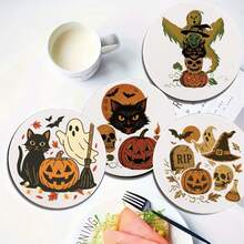 1 Set Wooden Halloween Ghost Pumpkin Coasters With Cork Base And Iron Frame, Gothic Wooden Beverage Coasters, Suitable For Halloween Party Supplies, Gift For Friends - Multicolor - View 6