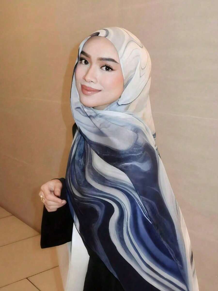 1pc Women's Elegant Bohemian Style Tie-Dye Print Long Scarf, Breathable And Comfortable, Suitable For Daily Wear, Travel And Party Outfits - Blue-gray - View 1