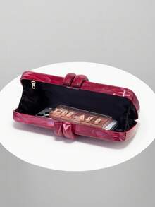Acrylic Evening Clutch Bag, Box Design Rabbit Tooth Clasp, Marble Print Handbag, Fashionable Chain Crossbody Bag For Wedding Party Prom Formal Event - Burgundy - View 3